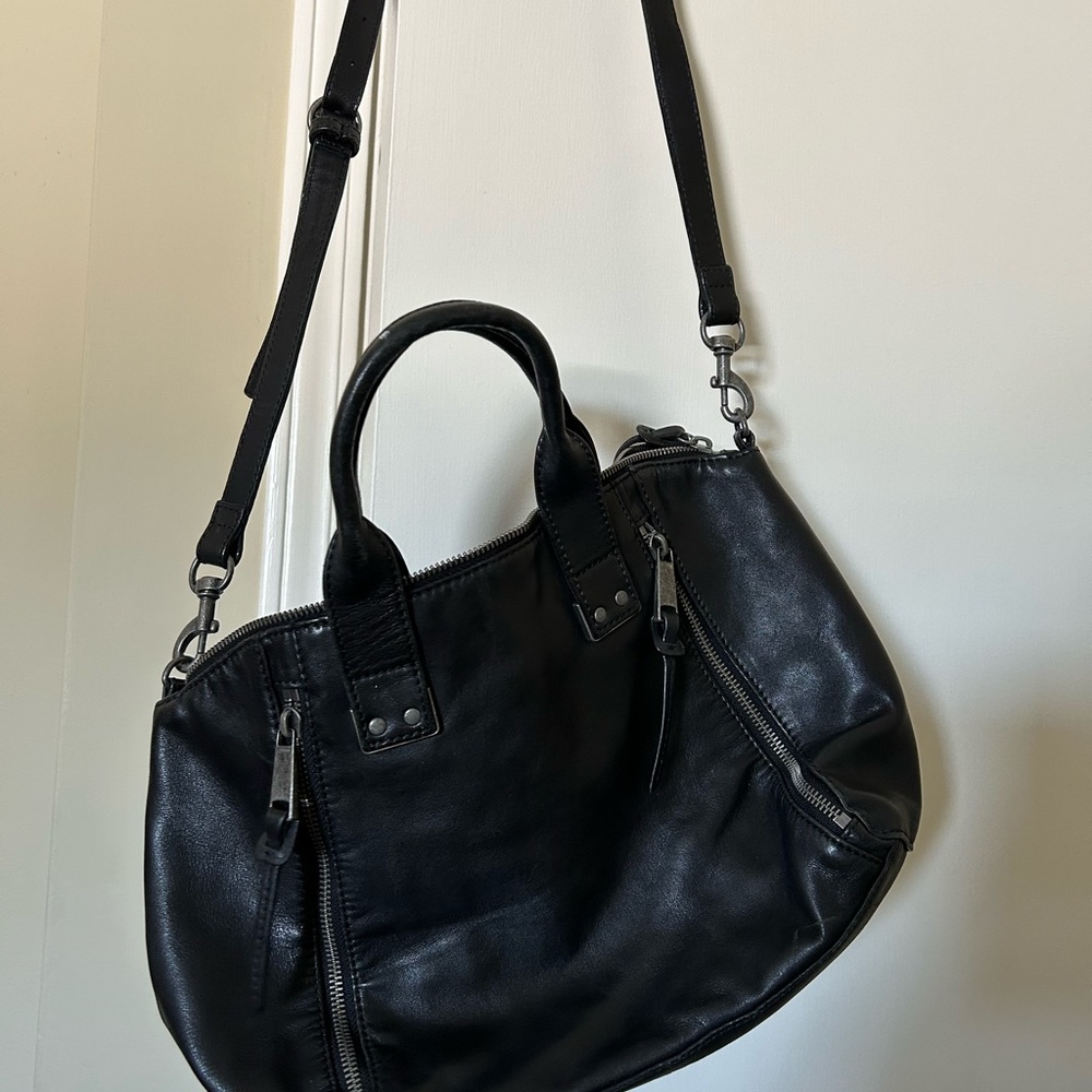 Lucky Brand, black leather crossbody satchel, silver hardware